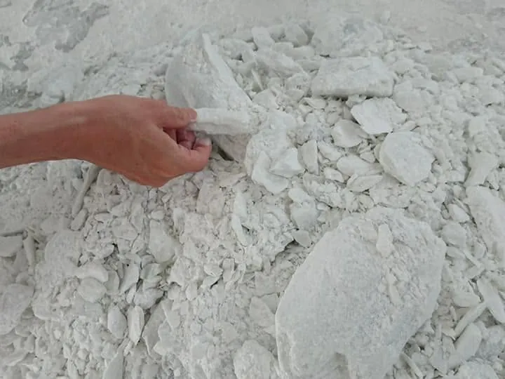Hand holding a flaky white talc lump above a pile of talc.
